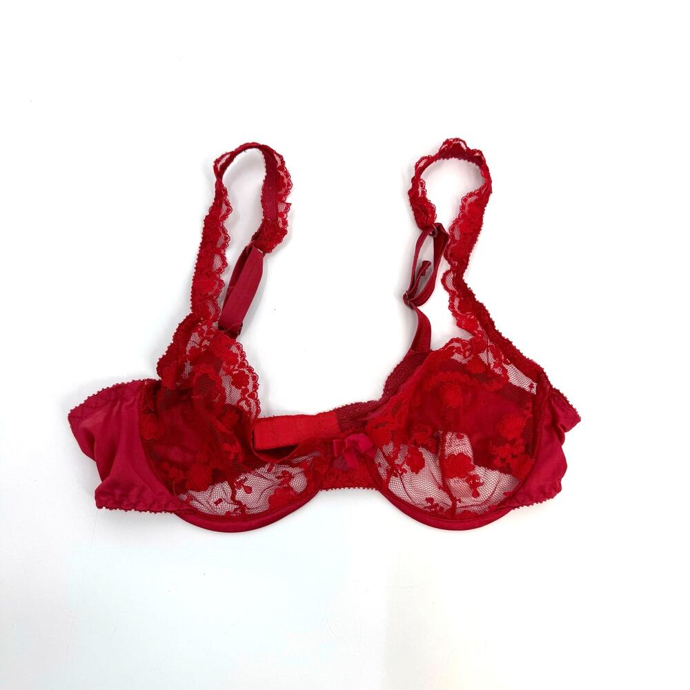 Vintage Frederick's of Hollywood Lace Underwire Bra 34 B Red USA Sheer Romantic
